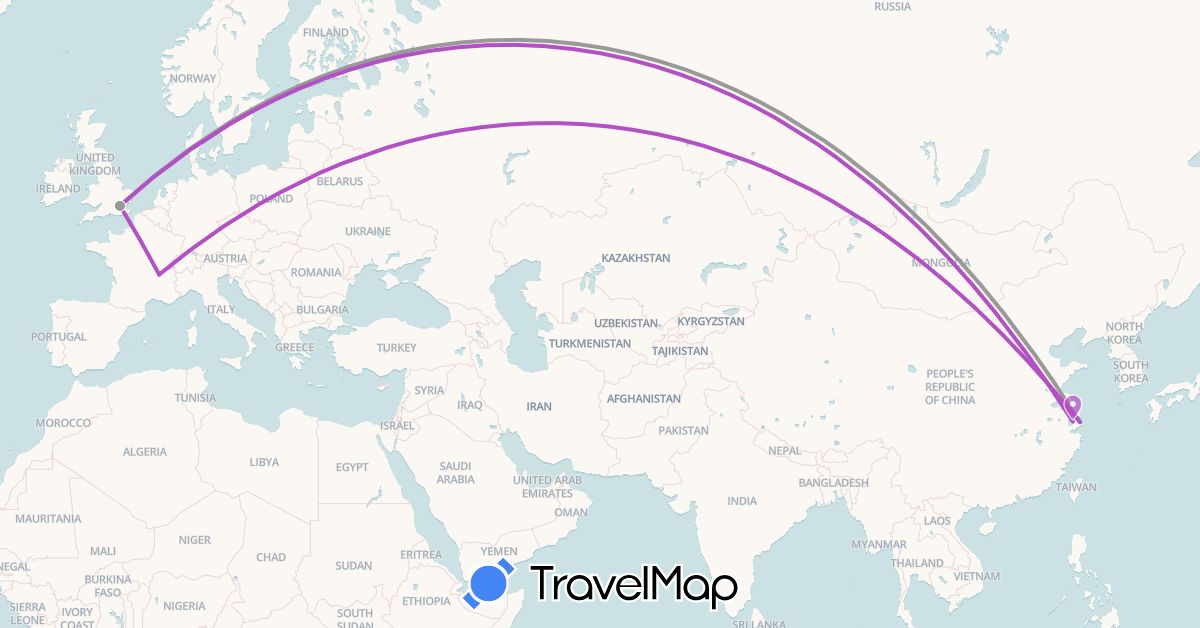 TravelMap itinerary: plane, train in China, France, United Kingdom (Asia, Europe)